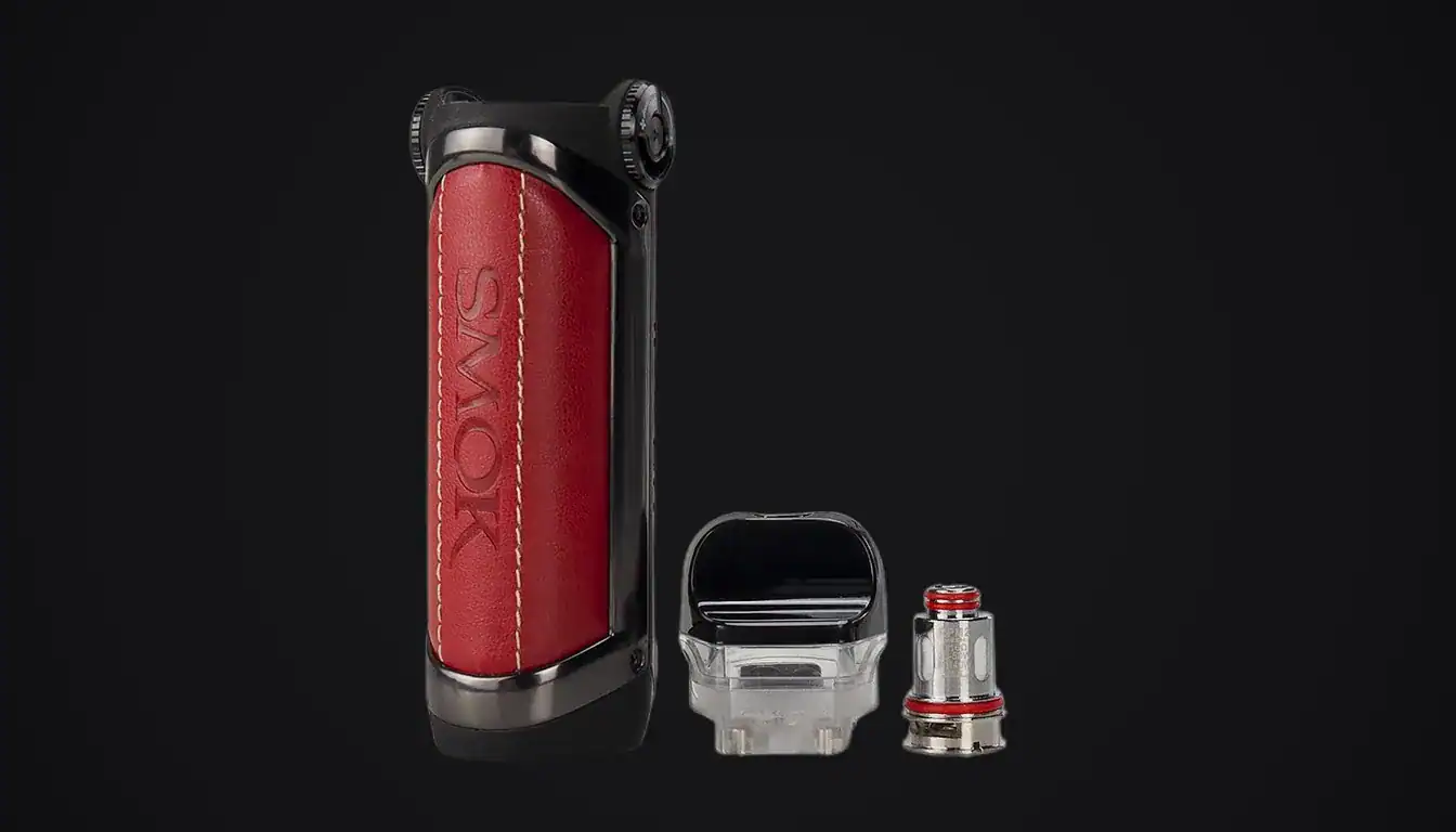 SMOK IPX 80 vape device with red leather wrap shown with tank and coil components against black background