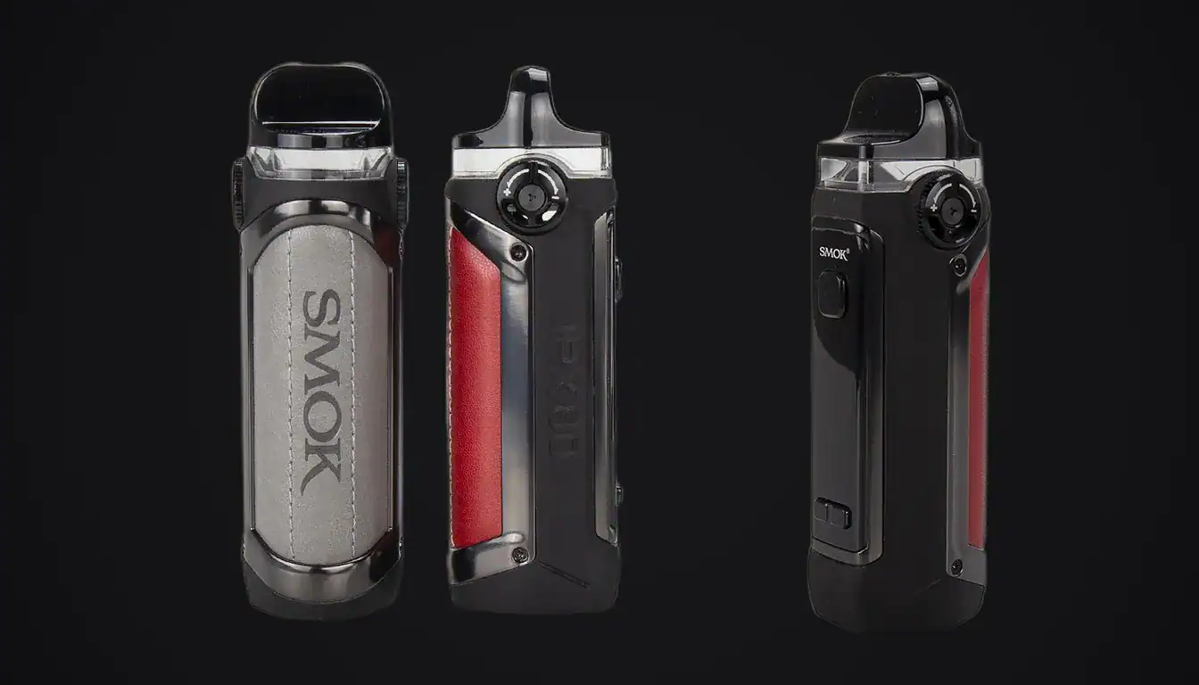 SMOK IPX 80 device shown in three views with silver, red and black color options against dark background