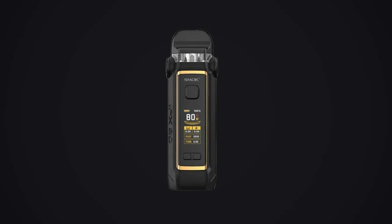 SMOK IPX 80 black vape device with gold accents displayed against dark background showing digital display screen