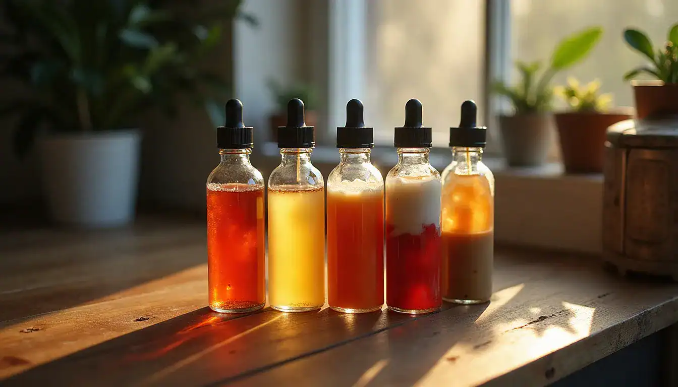 Five clear glass bottles with dropper tops containing different colored vape liquids arranged on wooden surface