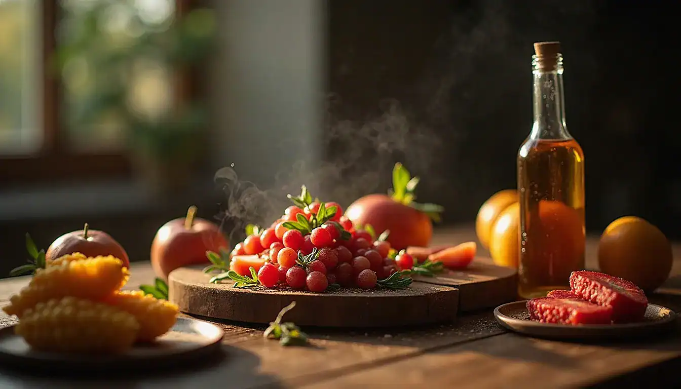 Styled flat lay with fresh berries, apples, citrus fruits, and a bottle of amber liquid on wooden surface