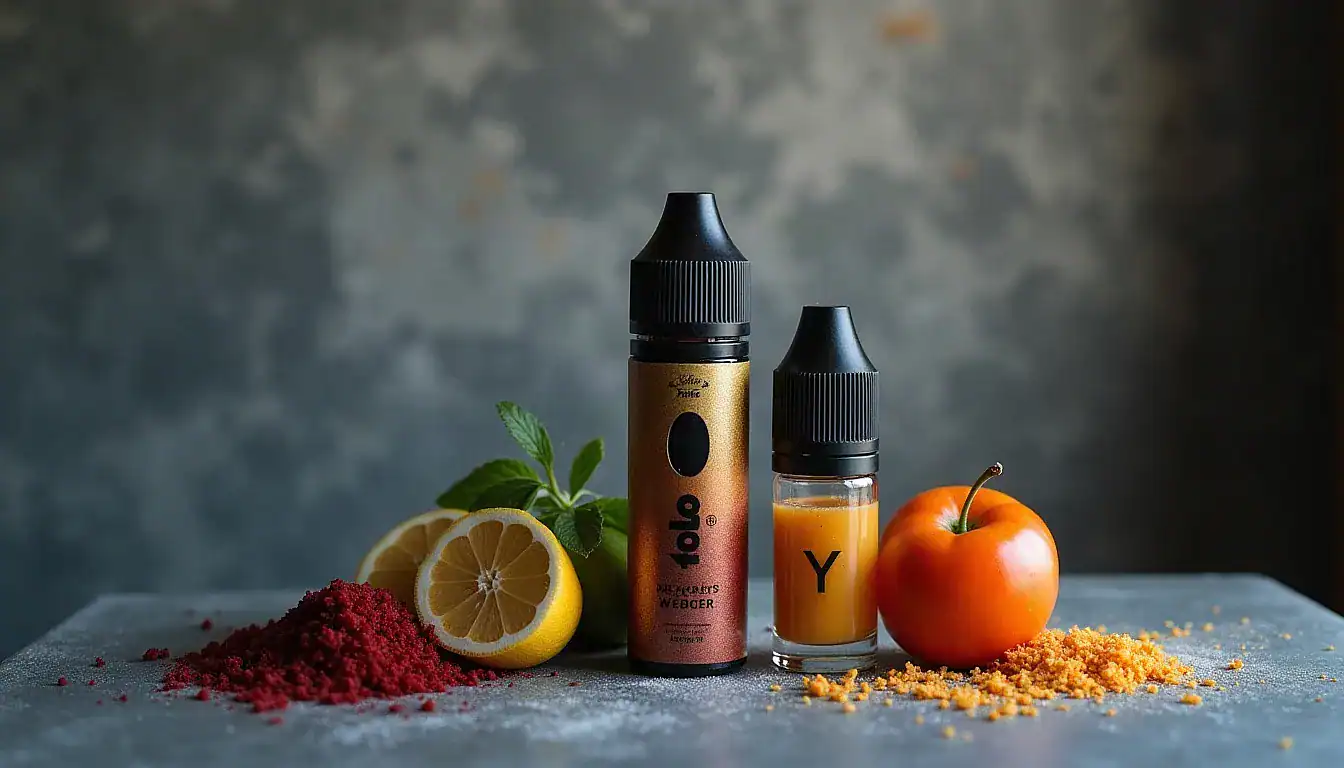 Unnamed vape device displayed with lemon slices, mint leaves, red powder, orange fruit, and granules on gray surface