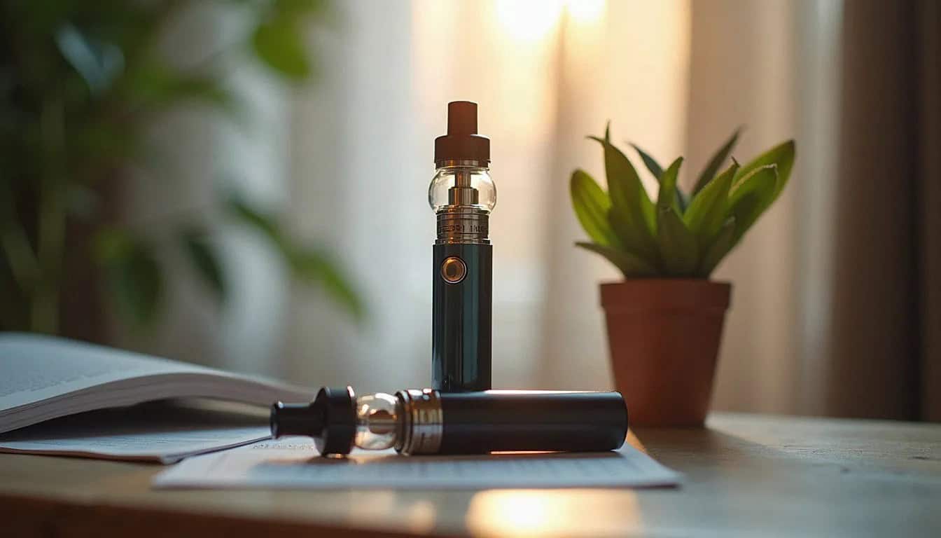 Unnamed vape device in black and bronze displayed on desk with open book and potted succulent plant