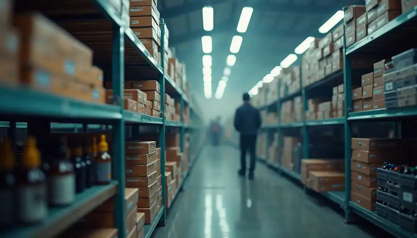 Warehouse aisle with stacked cardboard boxes on turquoise shelves under fluorescent lights