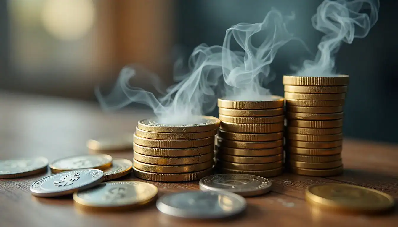 Stacked gold coins with smoke rising, scattered silver coins on wooden surface