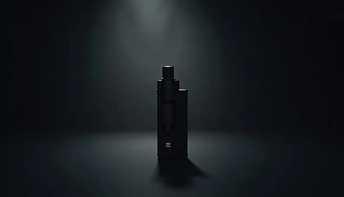 Unnamed vape device in black color positioned vertically on a dark reflective surface against a dark background