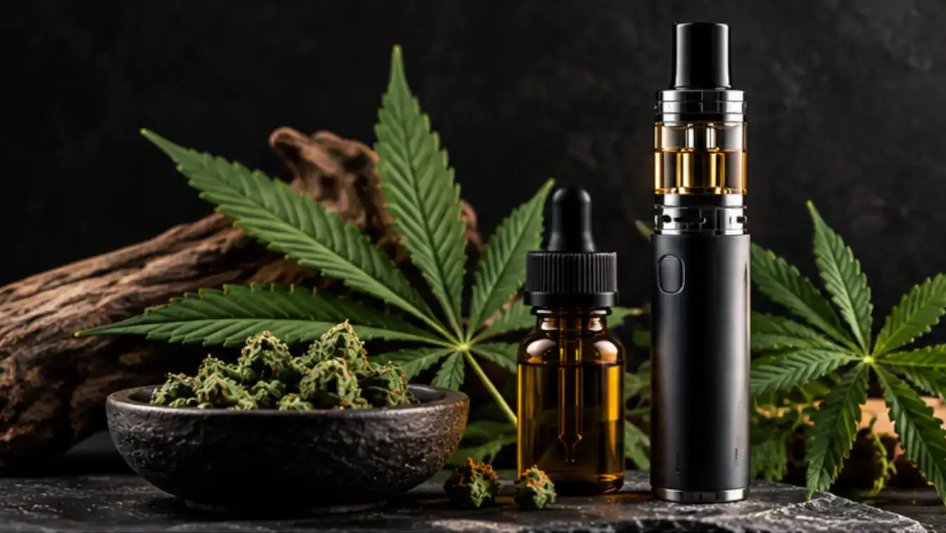 A CBD Vape Pen on a counter next to a bottle of CBD juice