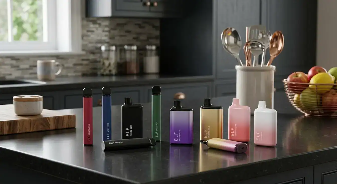 Disposable Elf Bar vapes in the kitchen on the side