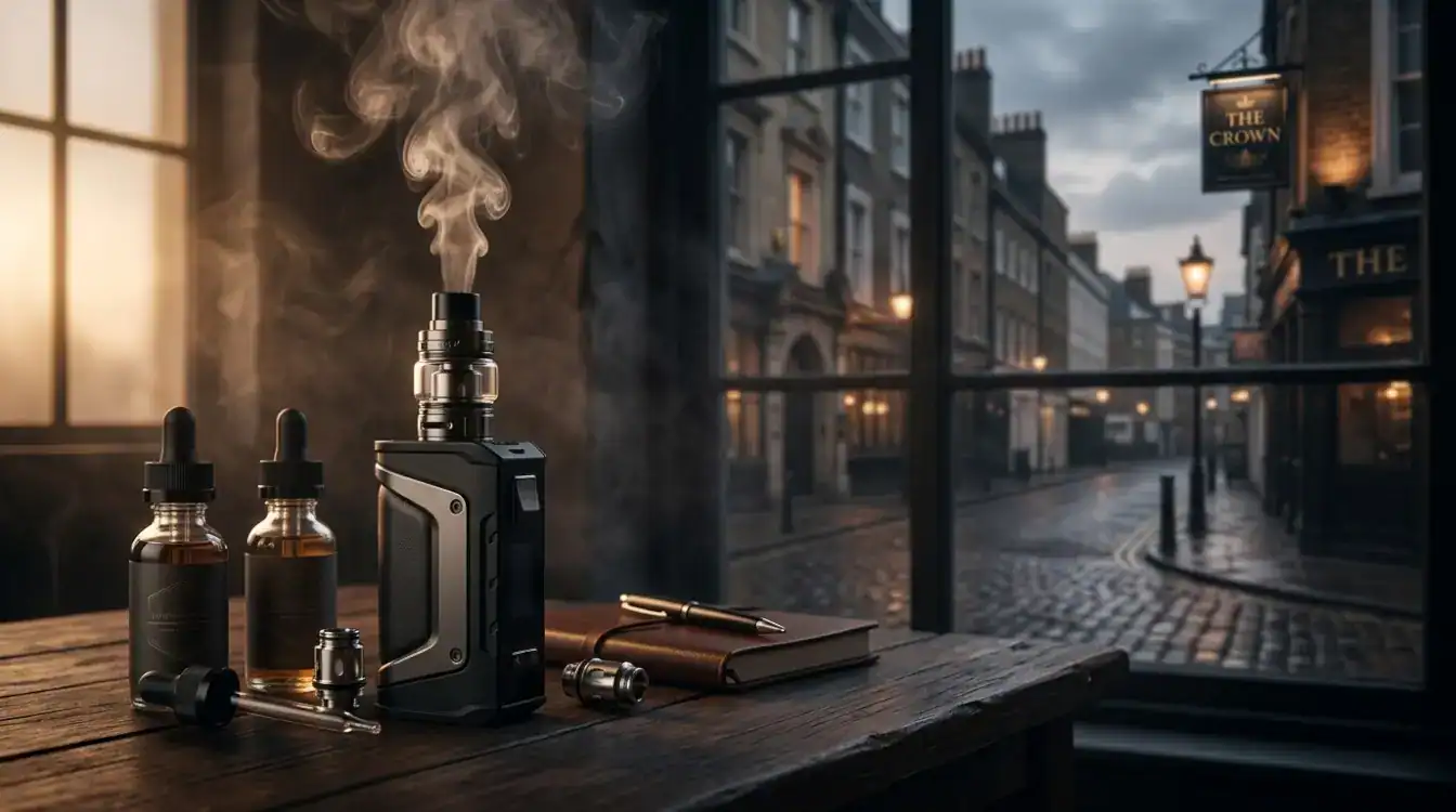 Vape mod on an old table with e-liquids