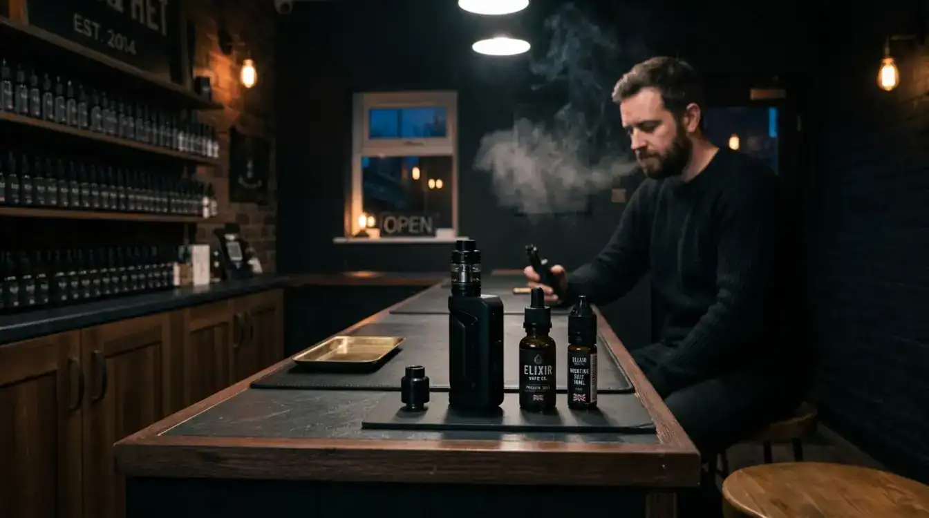 Old fashioned styled vape shop with vapes and liquids