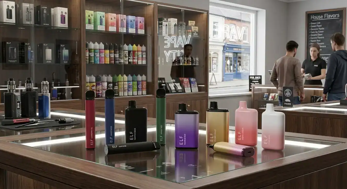 Elf Bar disposable vapes on a counter in a vape shop