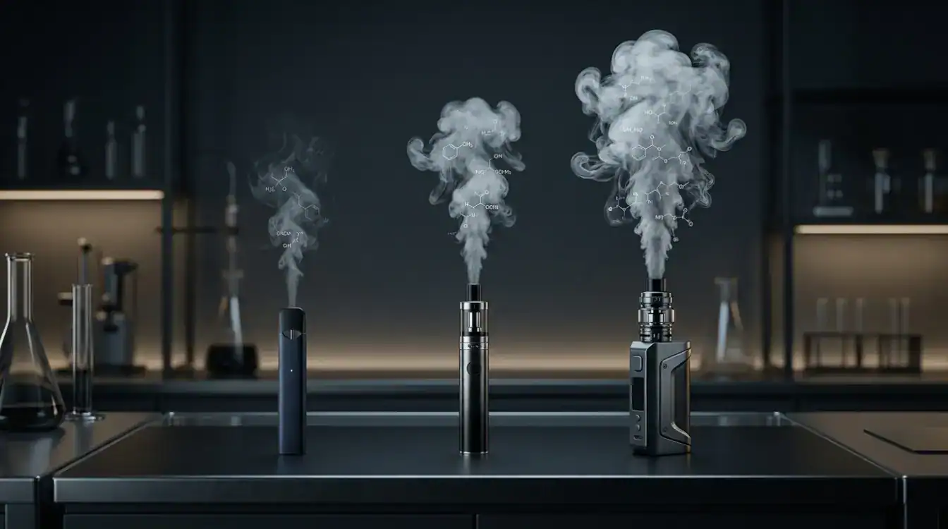 Three different vape types with clouds of vapor coming out of them