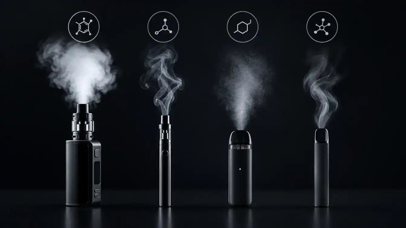 Four different vapes with clouds and image of particles for each