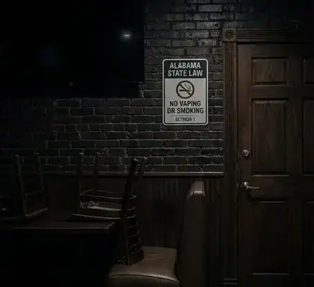Unnamed vape device displayed on wooden table against dark brick wall with Alabama law sign