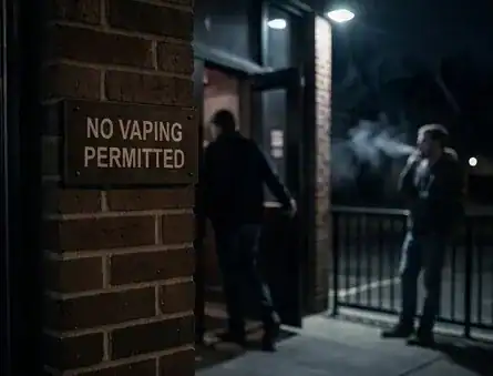 No vaping permitted sign on brick wall with people outside illuminated storefront at night