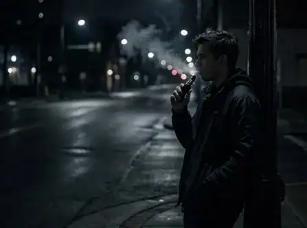Unnamed vape device held in hand at night on a wet urban street with blurred lights