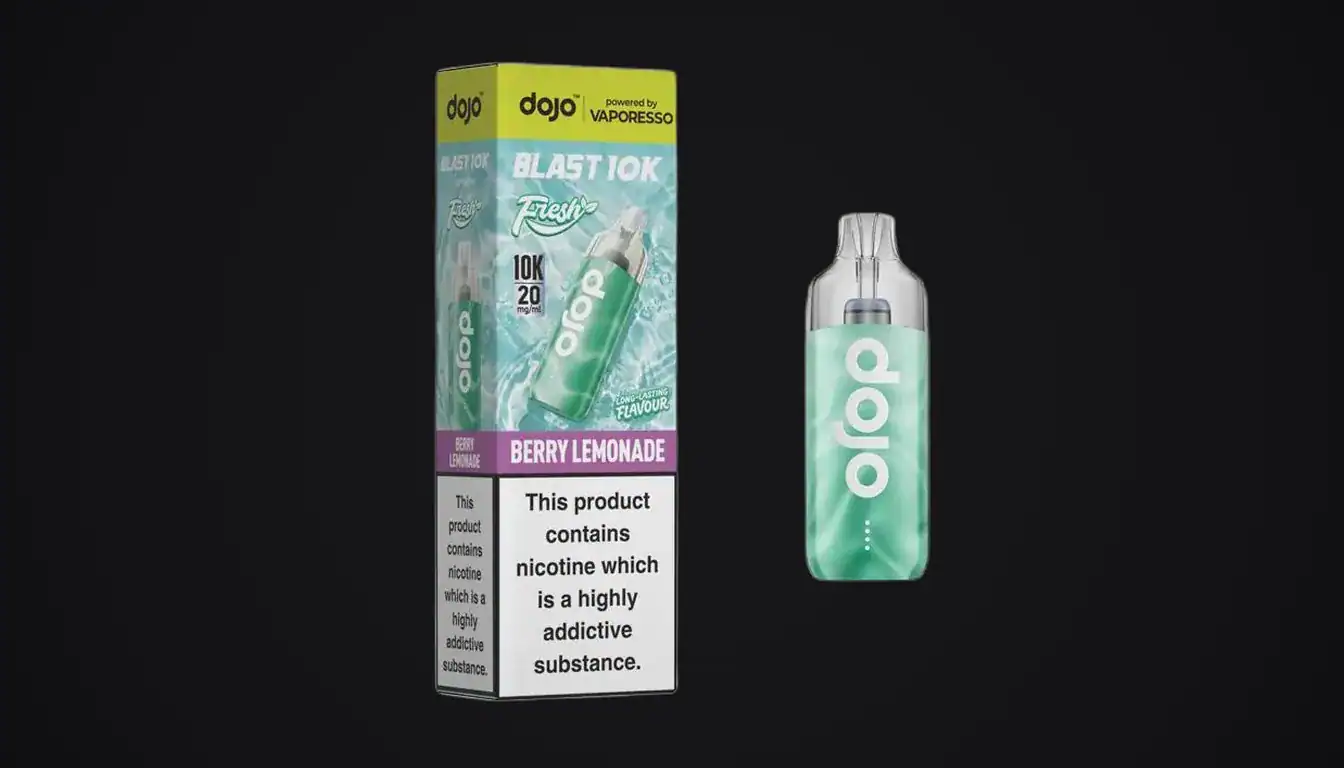 Dojo Blast 10K Fresh vape device in mint green next to its yellow and teal retail packaging box on black background