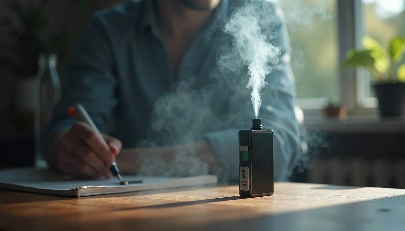 Unnamed vape device on wooden table producing white vapor with person in blue shirt blurred in background