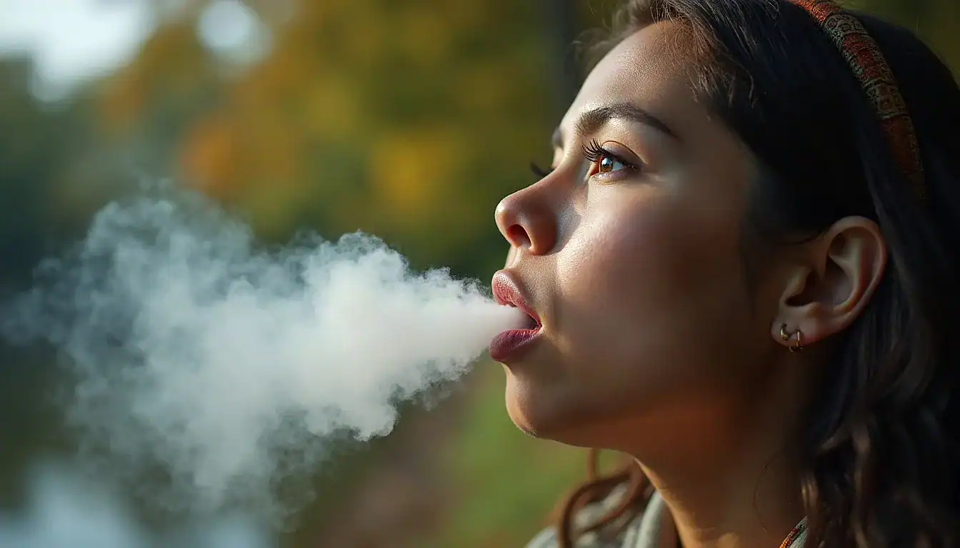 Woman in profile exhaling large white vapor cloud from unnamed vape device outdoors