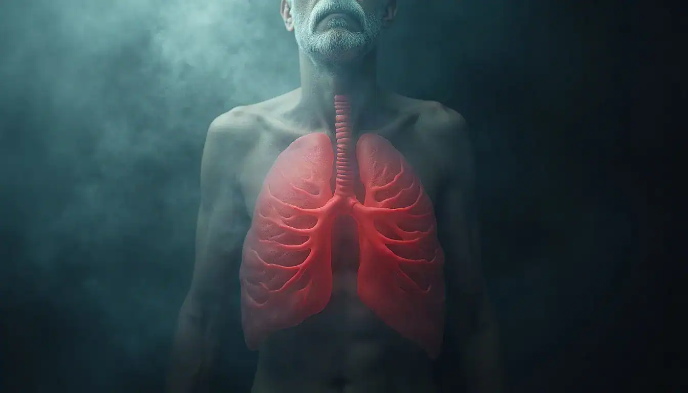 Medical illustration of human lungs highlighted in red within translucent male torso against blue background