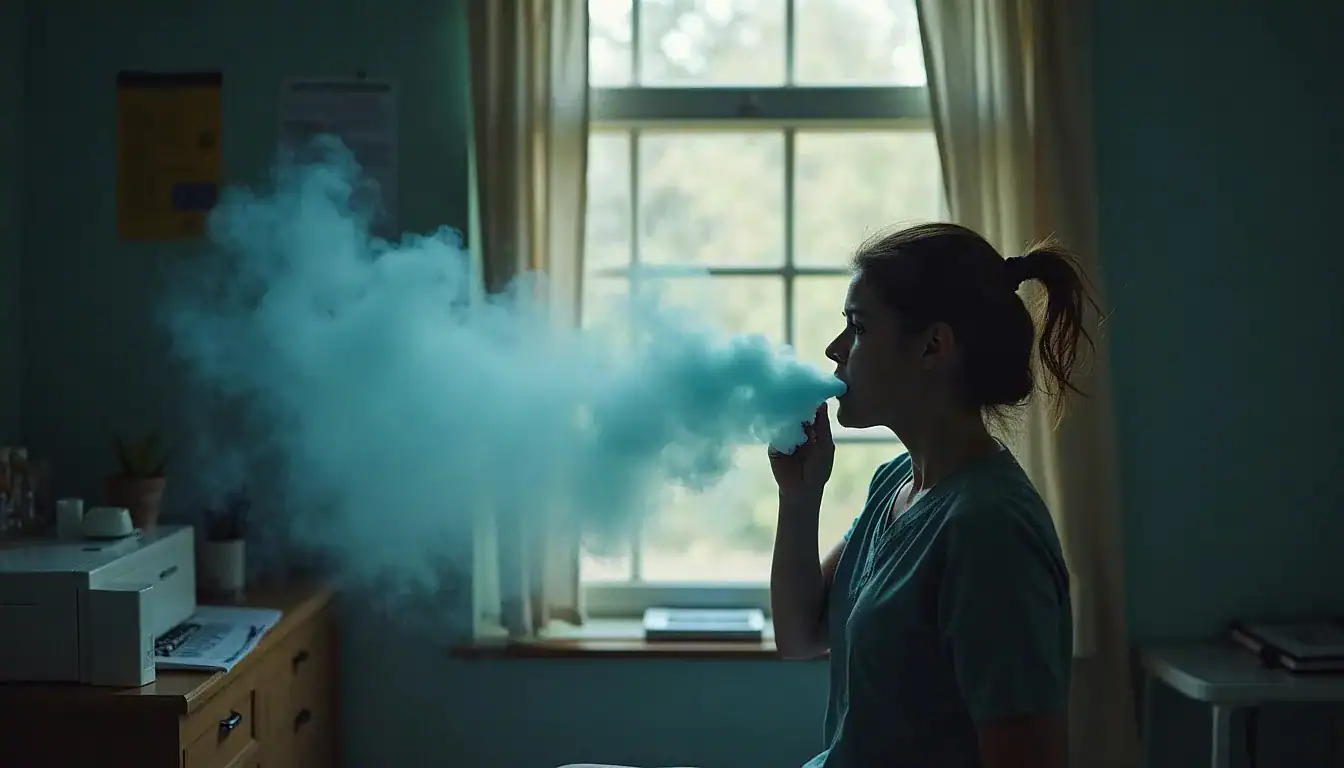 Woman using unnamed vape device by window, exhaling blue vapor cloud indoors