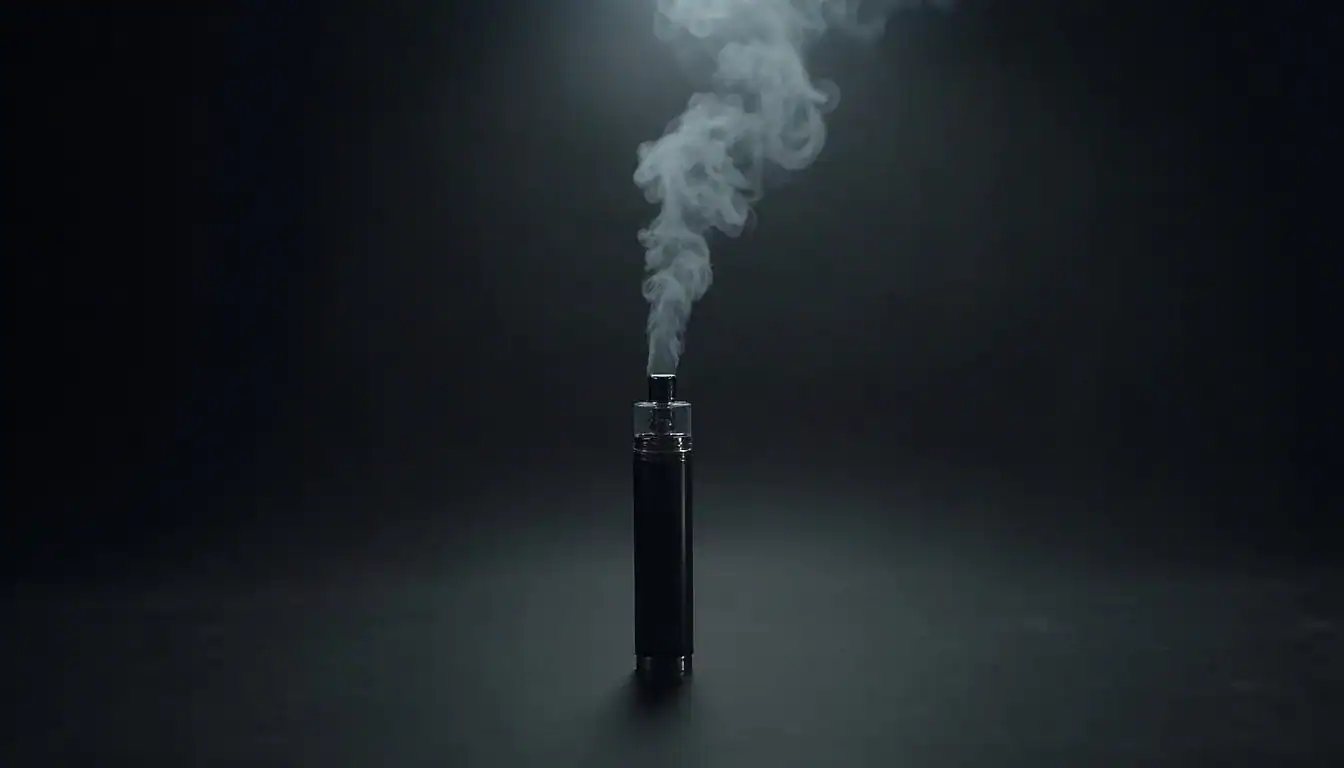 Unnamed vape device emitting white vapor plume against dark background, black cylindrical body centered