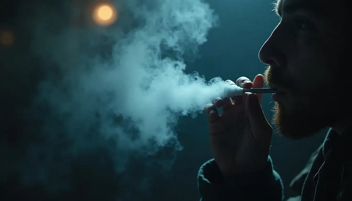 Unnamed vape device held in hand against dark blue background, exhaling thick white vapor cloud