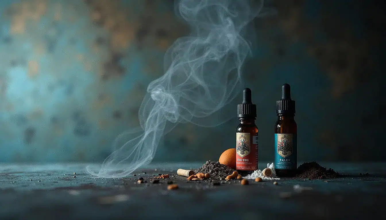 Two vape bottles with dropper caps sit among scattered herbs and spices with rising vapor above
