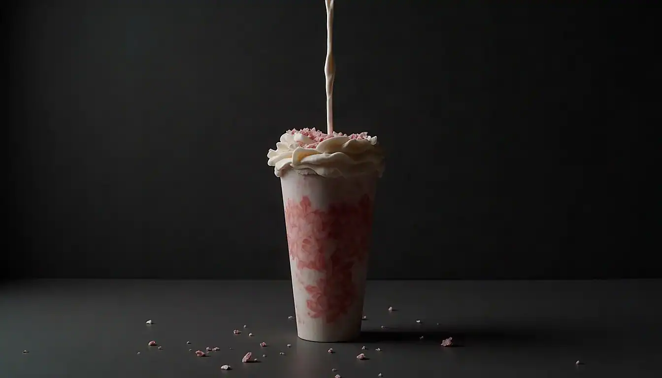 Unnamed vape device displayed in tall clear cup with pink beverage and whipped cream topping on dark surface