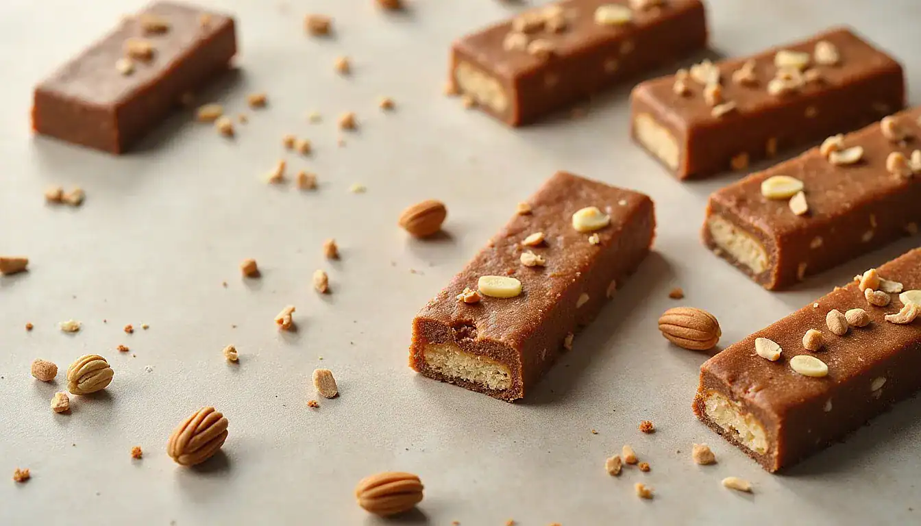 Chocolate-covered brownie bars with almond toppings scattered on light surface