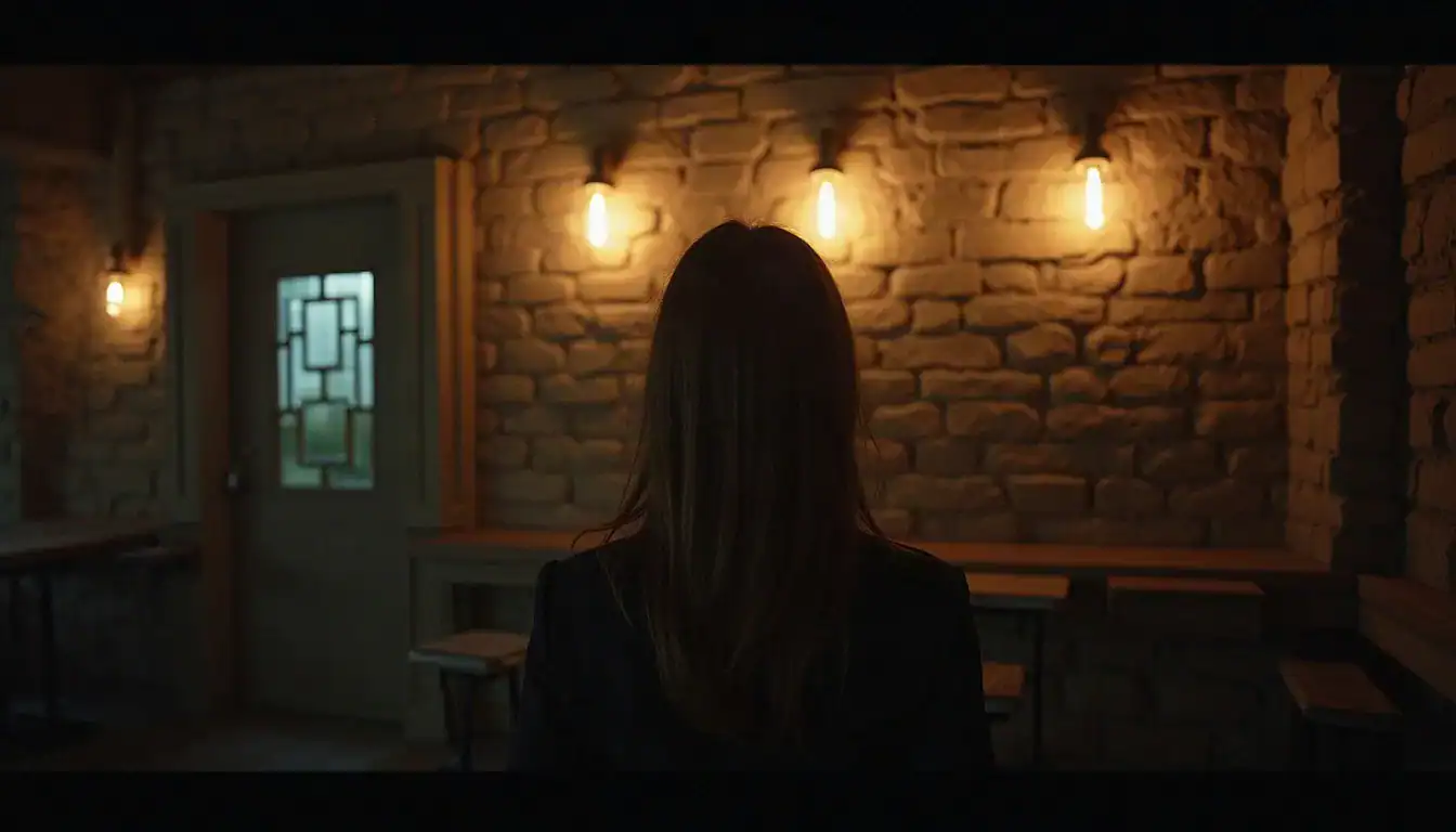 Woman with long dark hair stands facing away in dimly lit brick room with hanging lights