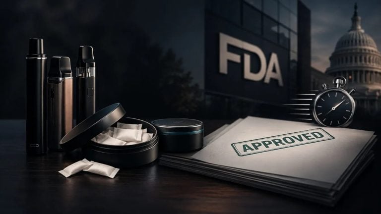 Unnamed vape device displayed with cosmetic containers and FDA approved stamp document backdrop
