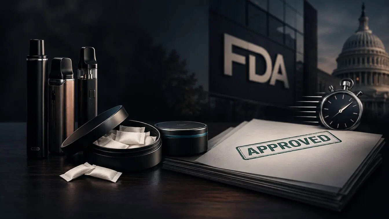 Unnamed vape device displayed with cosmetic containers and FDA approved stamp document backdrop