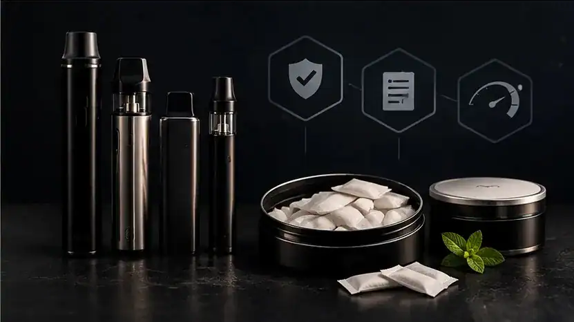 Unnamed vape device shown with multiple metallic cylindrical units, accessories, and packaging on dark surface
