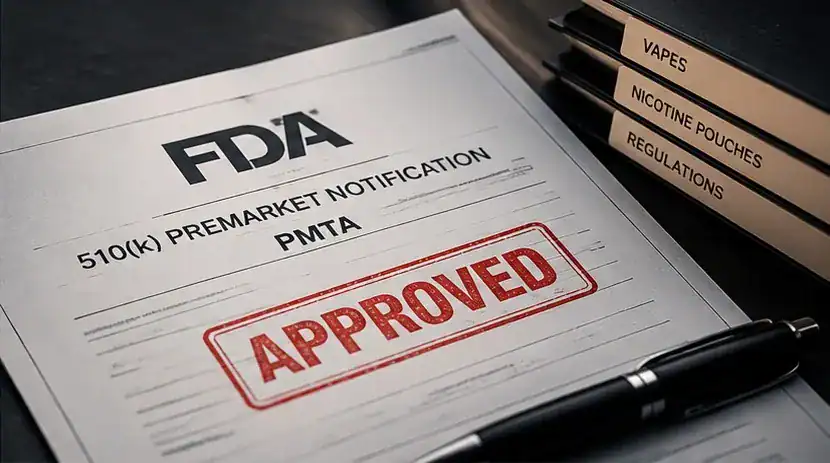 FDA 510(k) premarket notification PMTA document stamped approved with vape regulatory books nearby