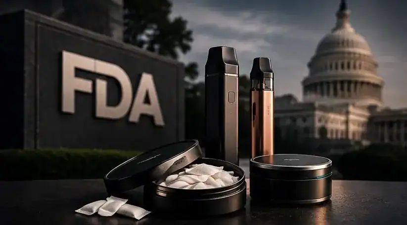 Unnamed vape device shown in multiple colorways with FDA sign and Capitol building background