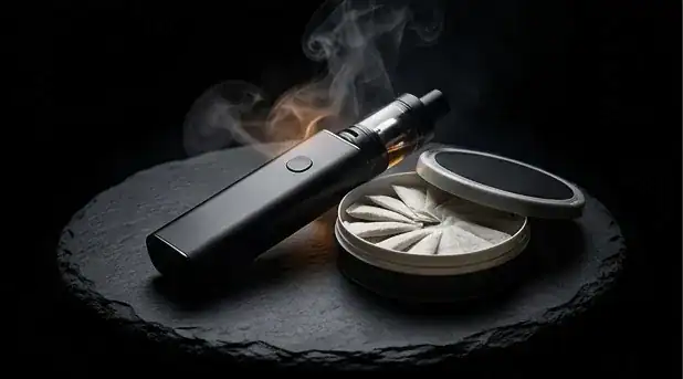 Unnamed vape device with vapor rising, displayed on black slate surface next to coil units