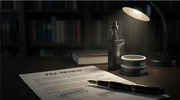Unnamed vape device on dark desk with FDA review document, lamp, and pen visible
