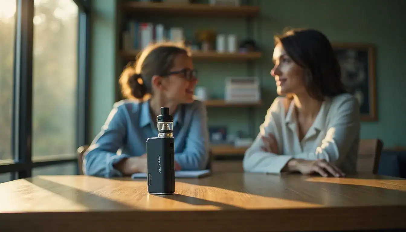 Black vape device sitting on wooden table with two women conversing in background