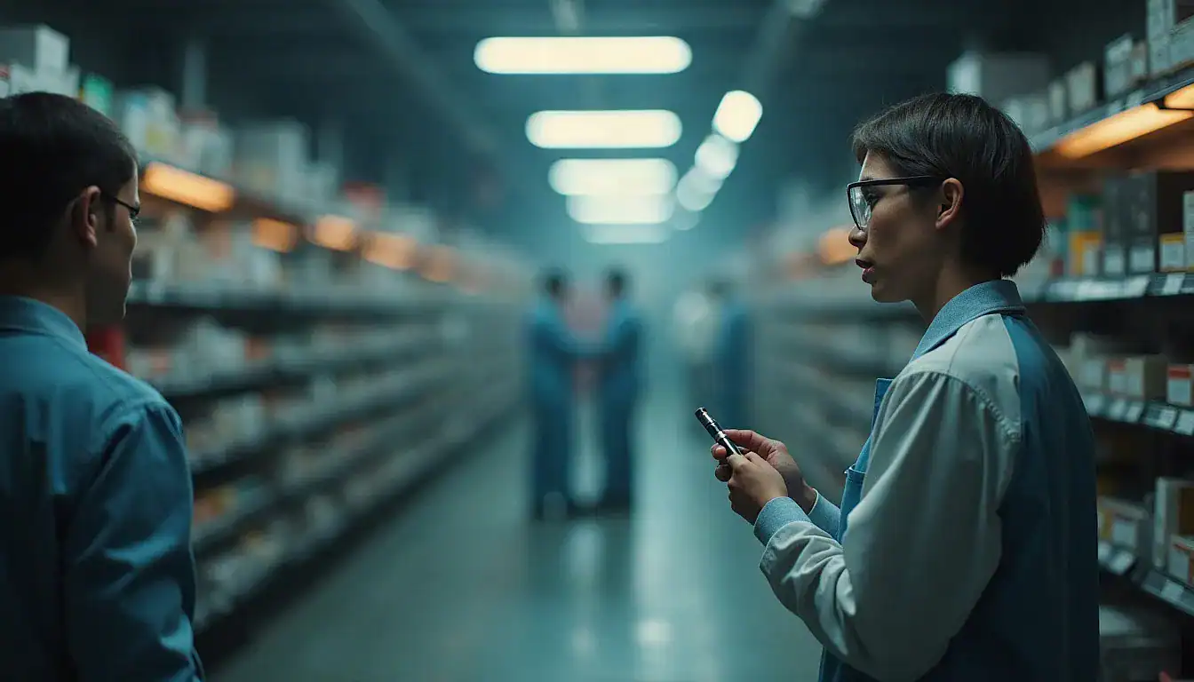 Unnamed vape device held by person wearing glasses in retail store environment with shelving