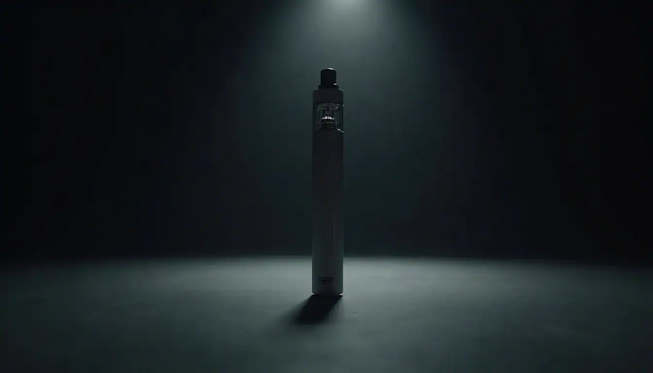 Unnamed vape device standing upright on gray surface against dark background with spotlight above