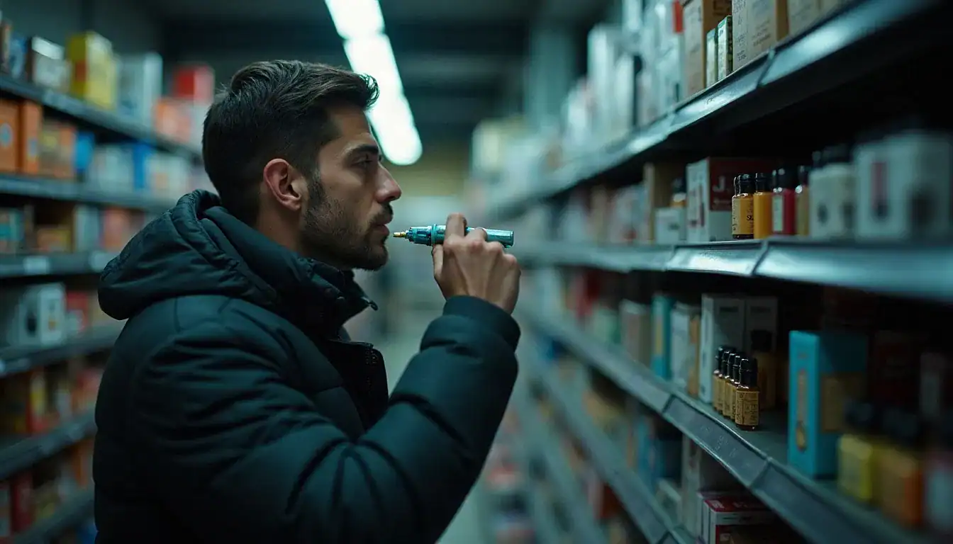 Man vaping unnamed device in retail store aisle holding device to mouth with bottles blurred behind