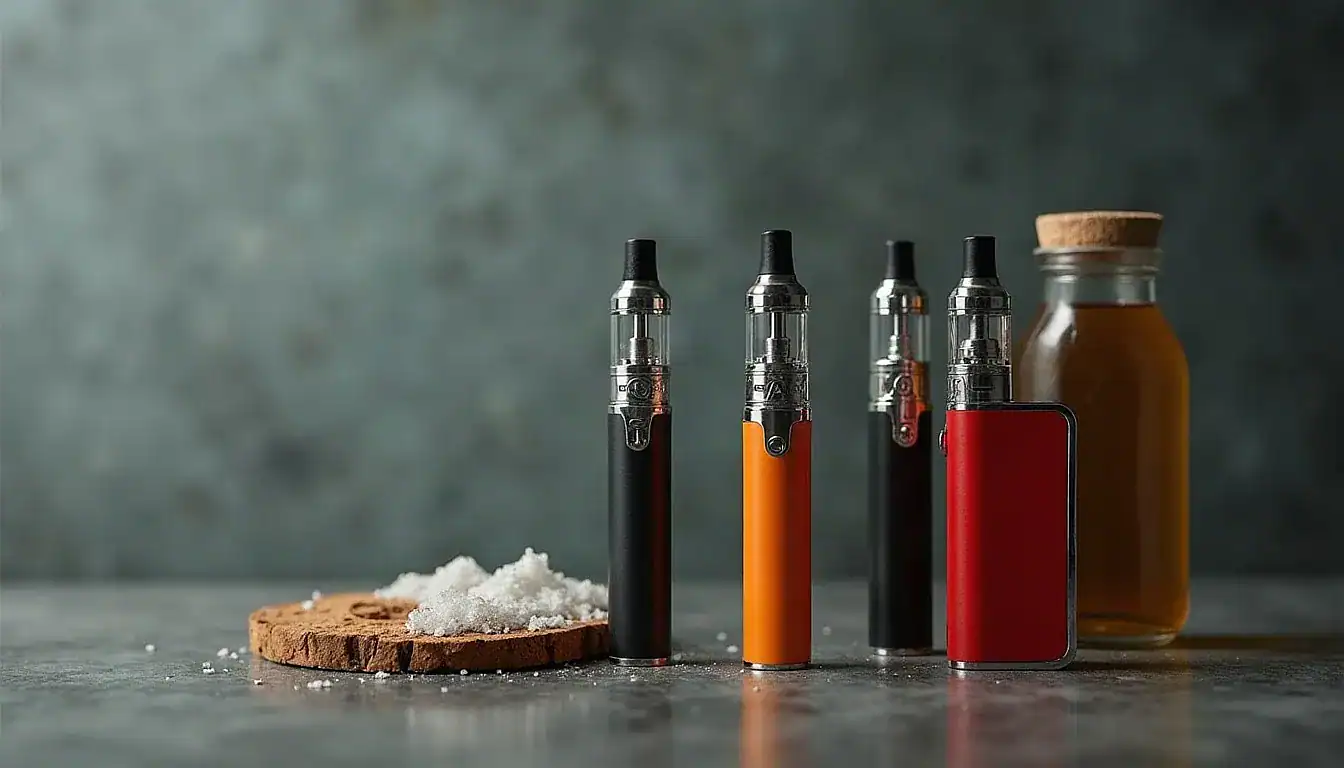 Unnamed vape device shown in multiple color variants alongside a liquid bottle and salt container