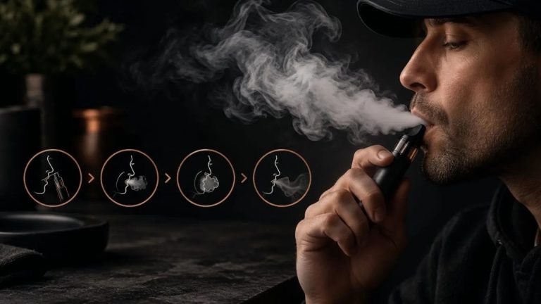 Man using unnamed vape device with ghost inhaling technique progression shown in four circular diagrams