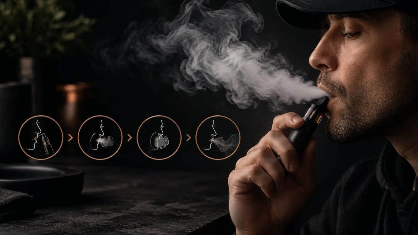 Man using unnamed vape device with ghost inhaling technique progression shown in four circular diagrams