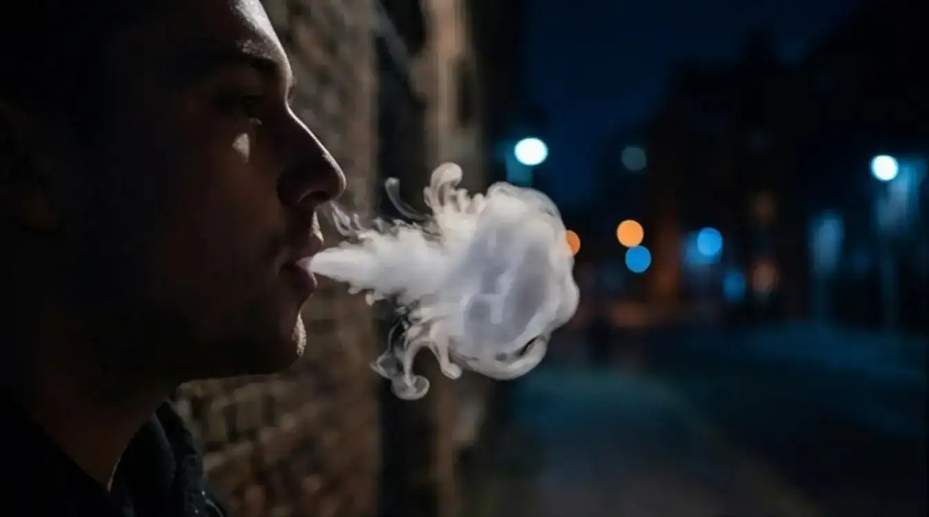 Unnamed vape device exhaling thick white vapor cloud against blurred nighttime street lights background