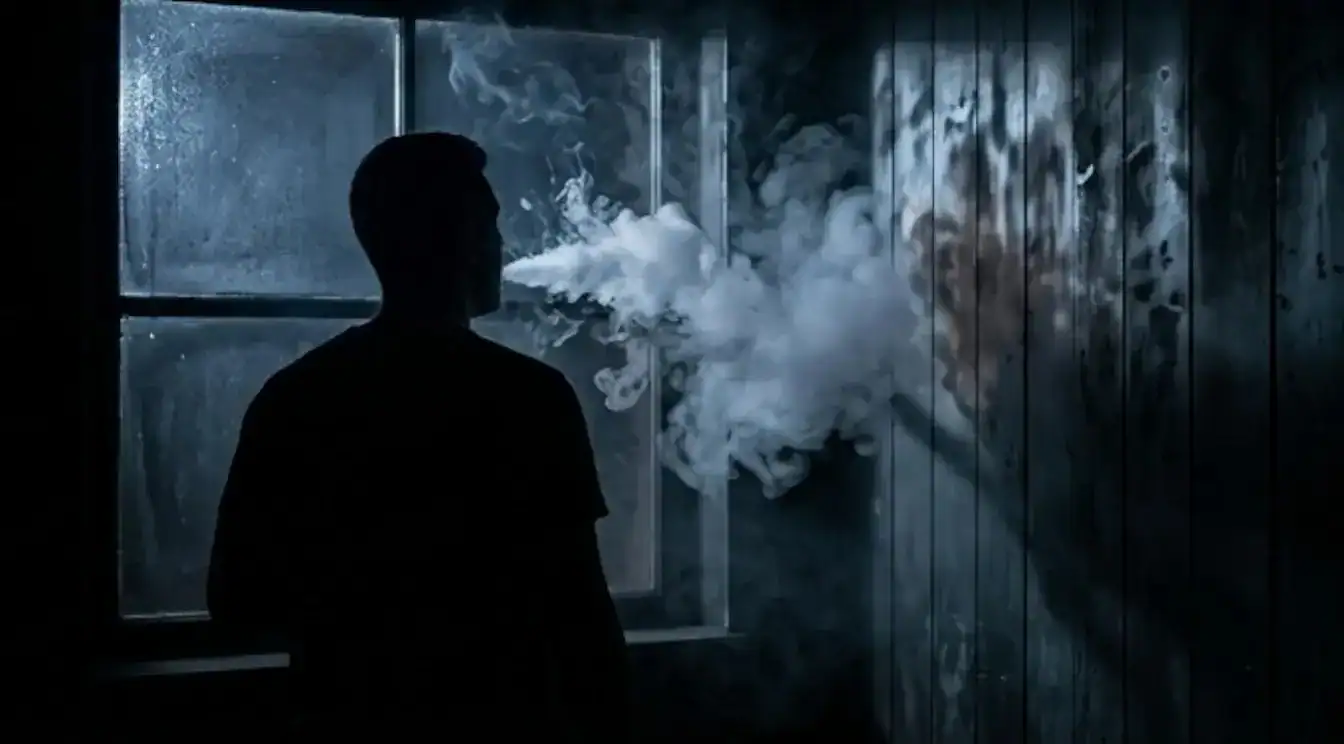 Silhouetted figure facing windows with white vapor clouds visible against dark glass panes