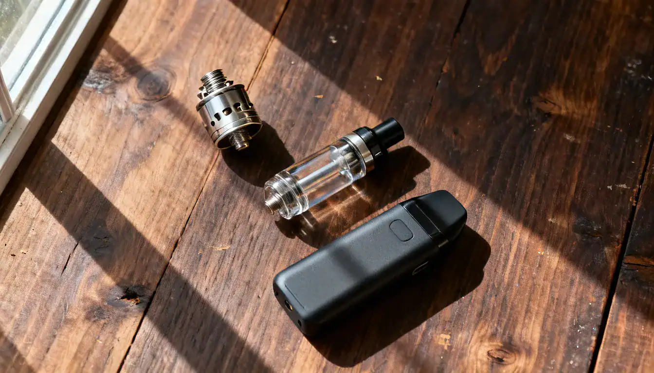 Unnamed vape device with three separate components displayed on wooden surface in sunlight