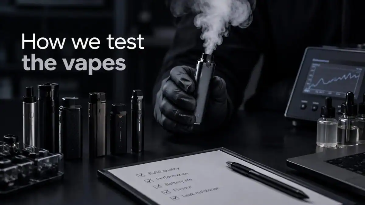 Vape testing checklist covering build quality, performance, battery life, flavor and leak resistance, beside a vape device on a workbench