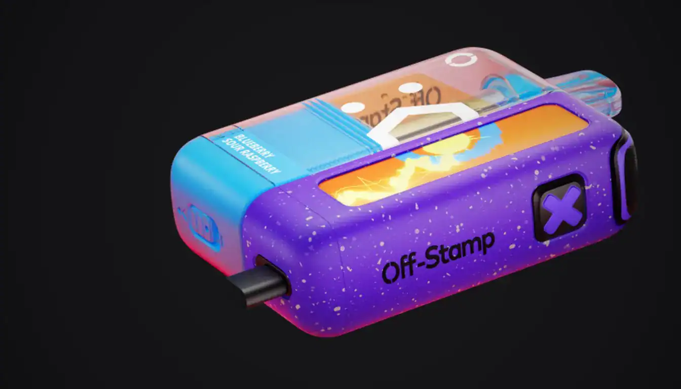 Off-Stamp X Cube Crystal vape in purple with gold accents and euro banknote on black background